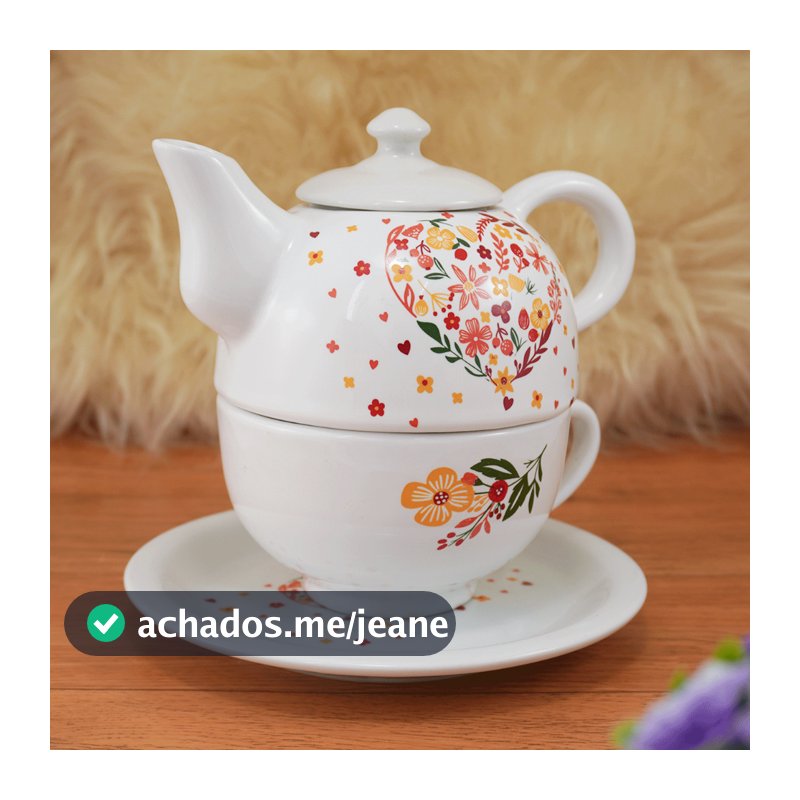Kit Chá Café Bule com tampa e Pires em Porcelana Coração Floral