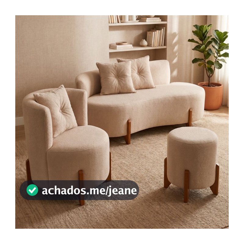 Kit Decorativo Sofá Curvo Orgânico + 01 Puff e Poltrona Luna Boucle - Montanaris Decor