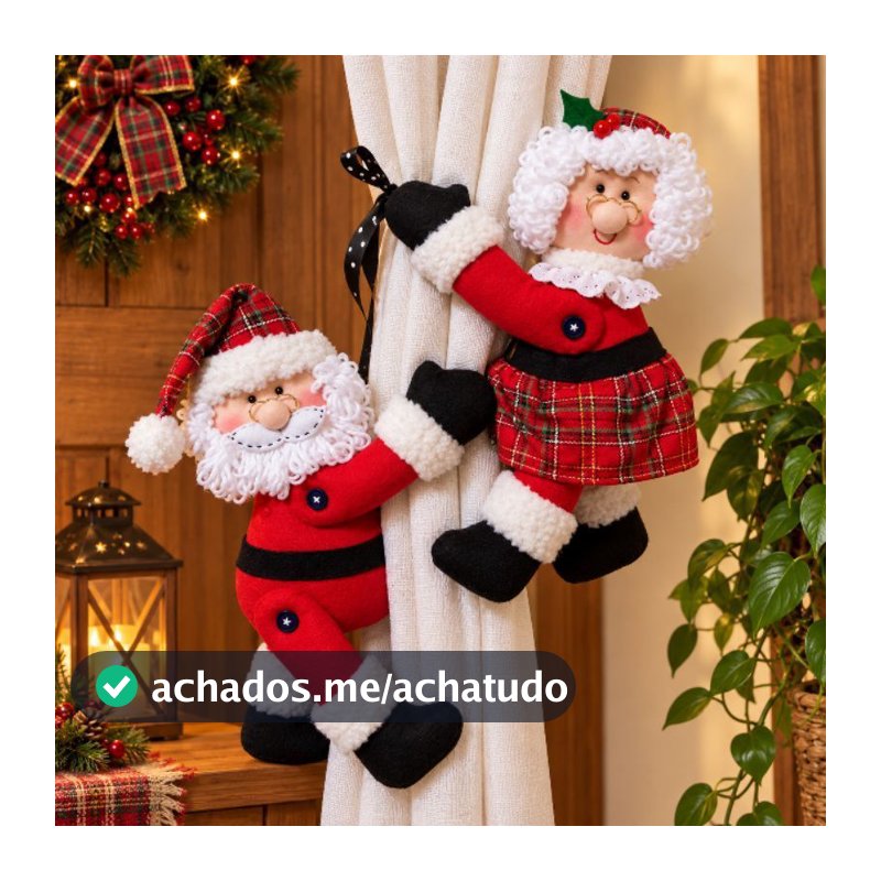 kit com 2 Prendedores de Cortina Natal Decoração Enfeite Natalino Papai Noel e Mamãe Noel