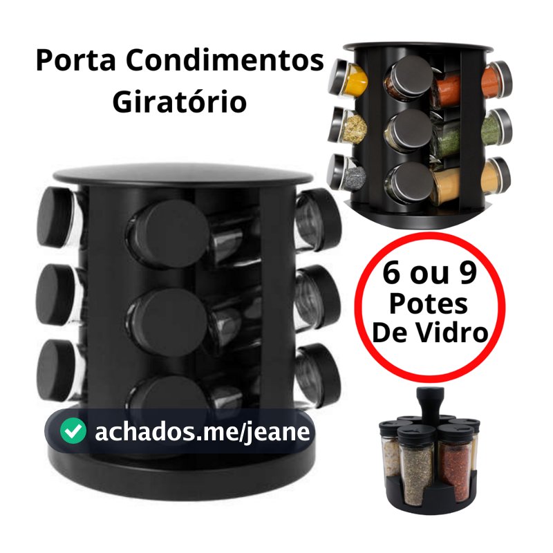 Porta Temperos Condimentos Giratório 6 e 9 Potes Vidro 90G com Tampa Dosadora + Etiquetas Adesivas