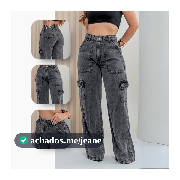Calça Cargo Feminina Jeans Bolso Lateral Wid Leg 34 ao 44 Pantalona Cintura Alta