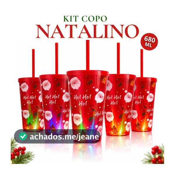 Kit Copo Natalino 680ml com Tampa e Canudo LED – Copo de Natal Reutilizável com Luz Colorida | Unitário, Kit 3 ou Kit 5