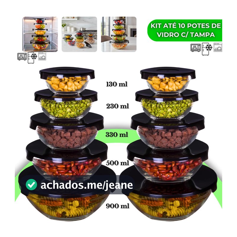 Kit até 10 Potes de Vidro Hermético com Tampa Tigela Redondo Freezer Micro-ondas Marmita Empilhável