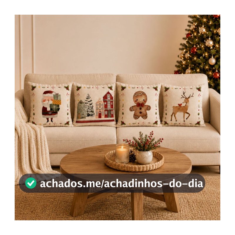 Kit 4 Capas de almofada Linho Natalinas Luxo Decoração de Natal Papai Noel Boneco de Neve Arvore 43x43cm