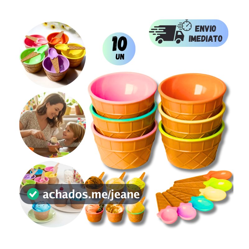 Kit 10 Tigela De Sorvete Casquinha Plástico Colorido Festa Infantil Açaí Frutas Colher Temática