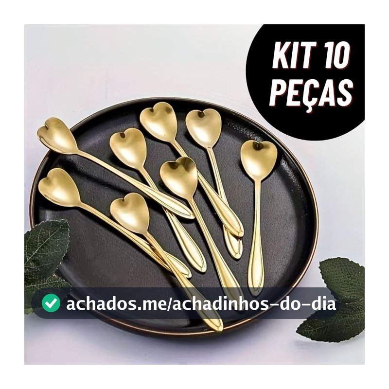 Kit 10 Colheres Coração Fofa para Cozinha Mesa Posta Douradas Café Sobremesa Chá Aço Inoxidável