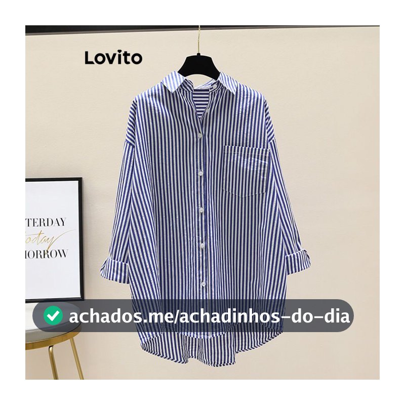 Lovito Casual Blusa Grande Caimento Solto Mangas Compridas Listrada Botão Outono Inverno Blusa Feminina LNL69188
