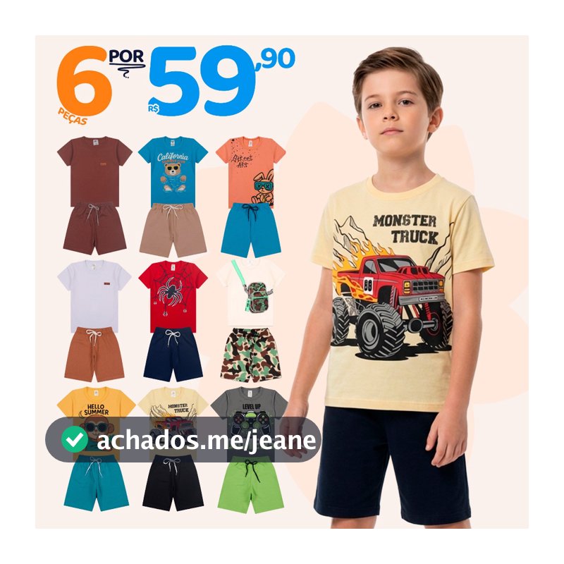 Kit Sortido 6 Peças de Roupas Infantil Menino 3 Camisetas + 3 Bermudas - Kit com 3 Conjuntos Infantil Verão Menino Bebê