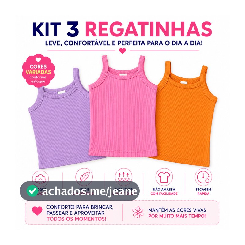Kit 3 Blusa Regata de Alcinha Ribana Cores Sortidas Infantil Menina (0036)