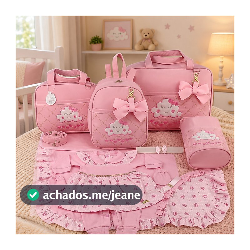 Kit Bolsa Maternidade Menina 5 Peças Nuvem + Saída Maternidade Rosa - Opções Laços de Luxo