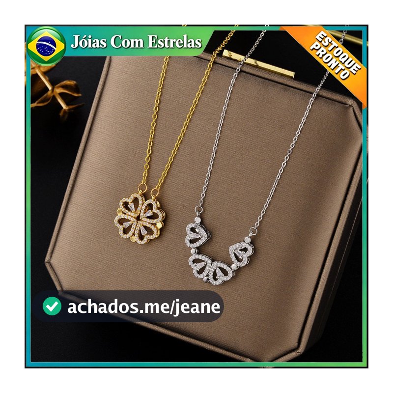 Colar Com Zircônias 2 Em 1 Formato Trevo E Formato Corações Colar Em Aço Titânio Não Desbota