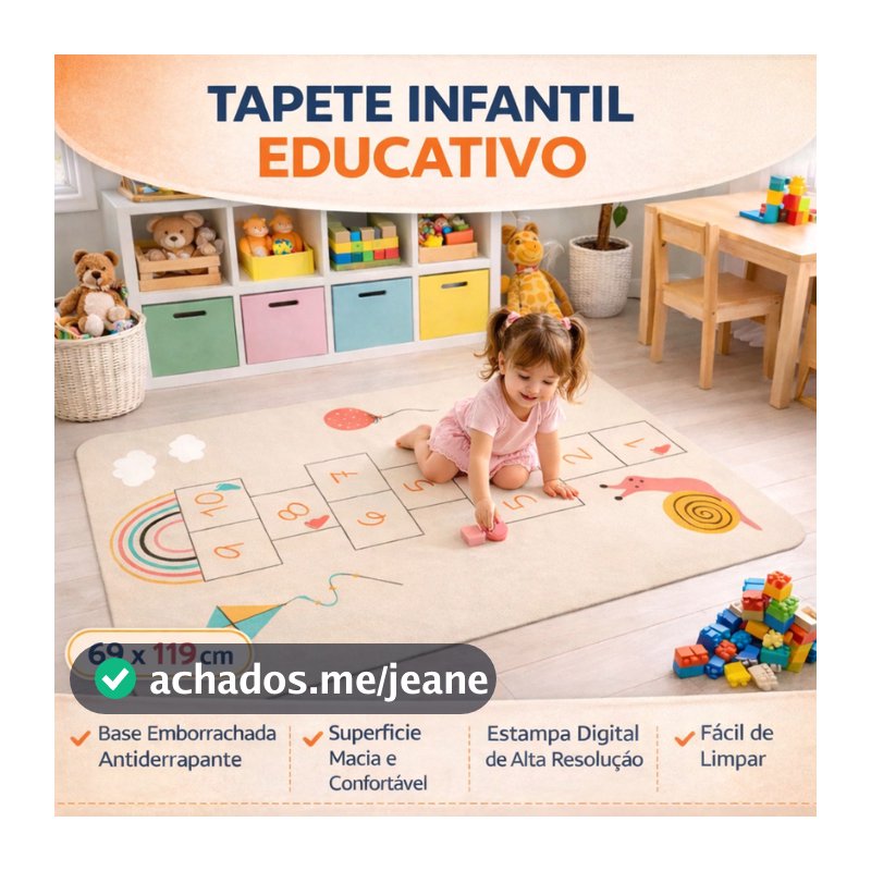 Tapete Infantil Educativo Antiderrapante 69x119cm Emborrachado Lavável Poliéster Quarto Bebê Criança Várias Estampas
