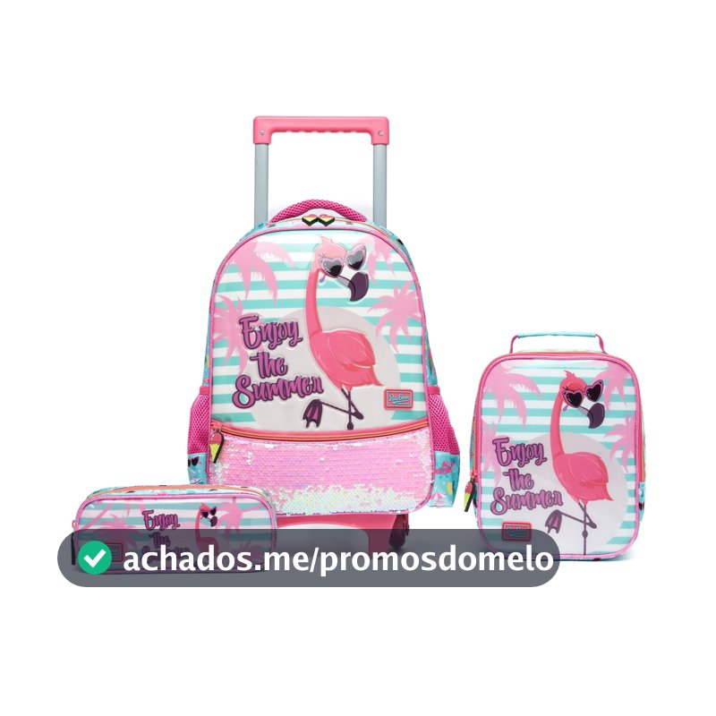 Kit Mochila Escolar Feminina Flamingo Rodinhas Polo One Infantil Lancheira Térmica Estojo Resistente