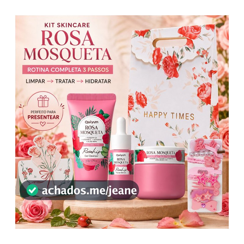 QUIYUM Kit Skincare Rosa Mosqueta 3 Peças - Limpeza, Sérum e Creme Facial - Kit Presente Feminino com Bolsa