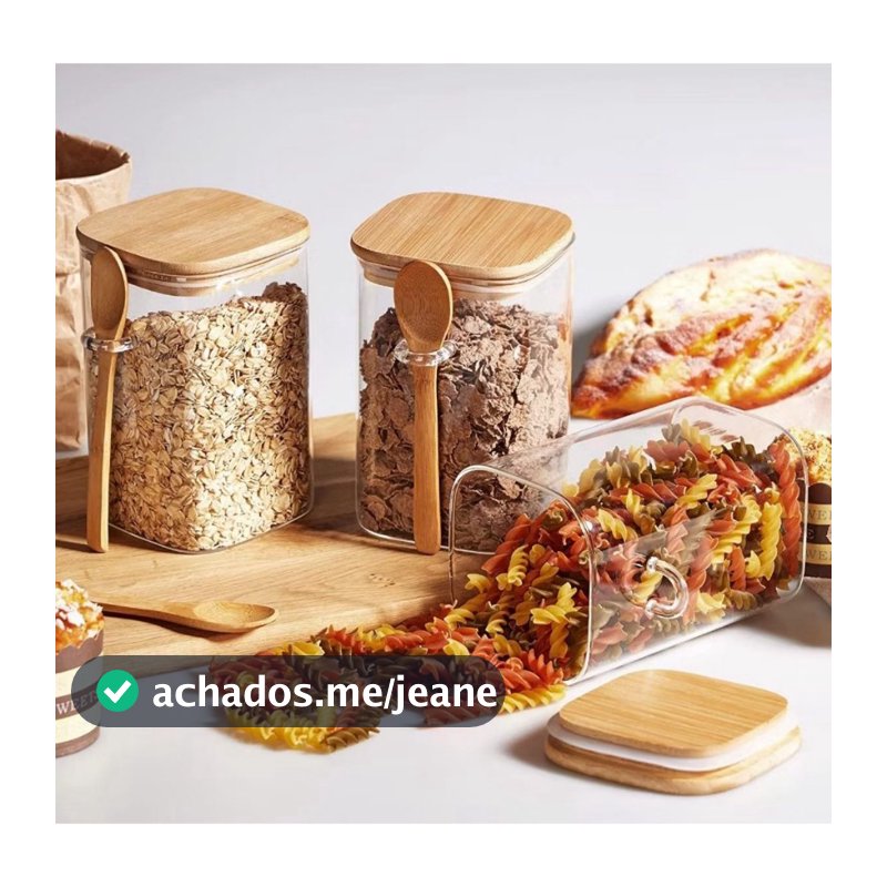 3 Potes Vidro Borossilicato [Quadrado]Tamanho 8 x 10 cm  450 ml Com Tampa e Colher de Bambu