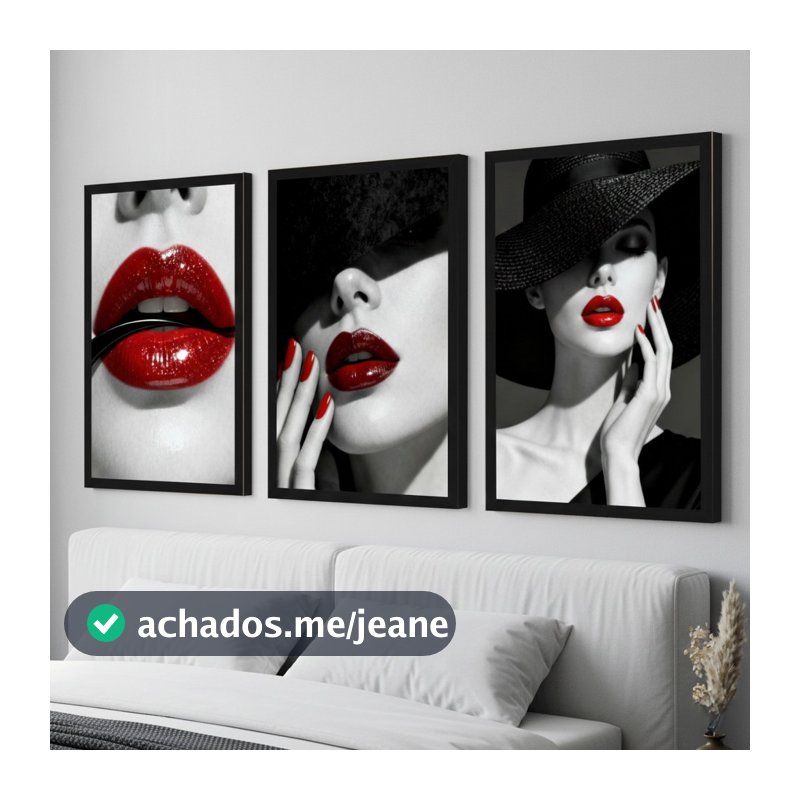 Kit 3 Quadros Decorativos em Mosaico Mulher Preto e Branco Boca Vermelha Glamour