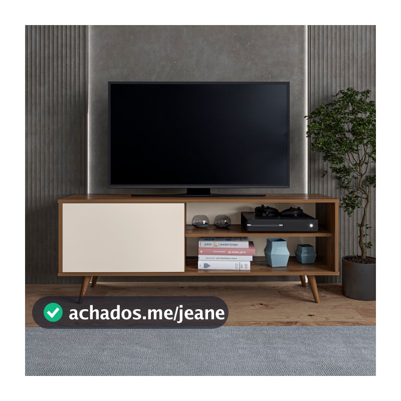 Rack Estante Multifuncional Para  Sala de Estar com Prateleira, Porta Organizadora e Pés de Madeira