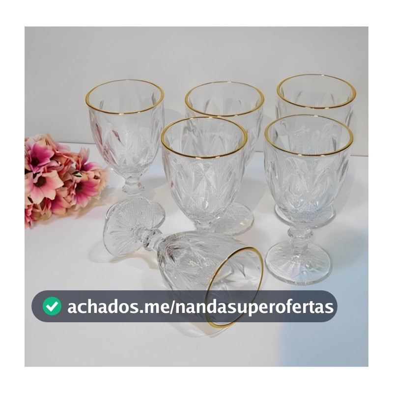 Jogo  6 Taças Diamond Transparente com Borda Dourada 330ML– Gamma