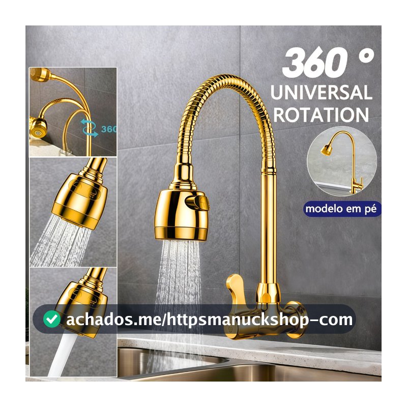 Inox dourado maciça Torneira  1/4 de volta com chuveiro com rotação de 360° Cozinha Luxo Parede