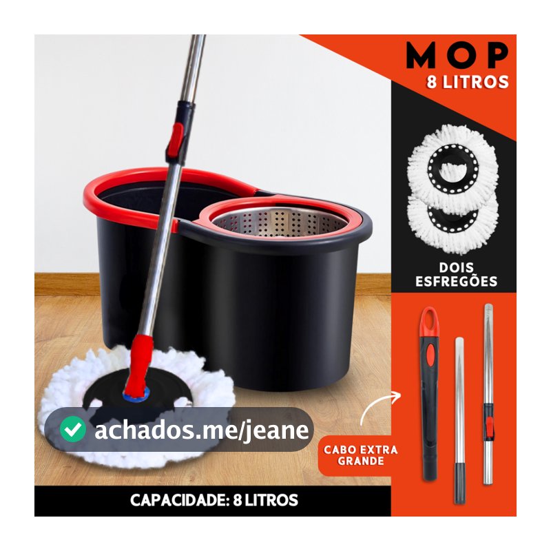 Mop Giratório Com Balde 8L e 2 Refis – Cabo Longo e Centrifugação Rápida Sem Esforço - MN