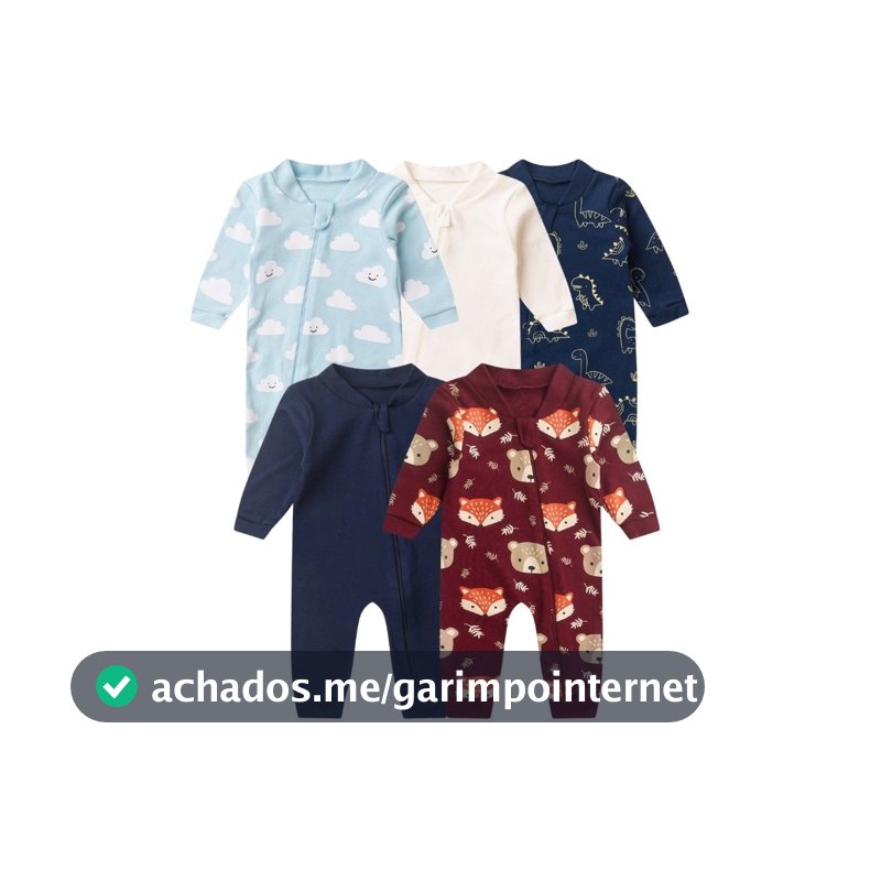 Kit 5 Macacão de Bebê Com Zíper Fofura Completa Dino, Urso, Nuvem e Lisos (RN/P/M/G) - Bebê Fofuxo