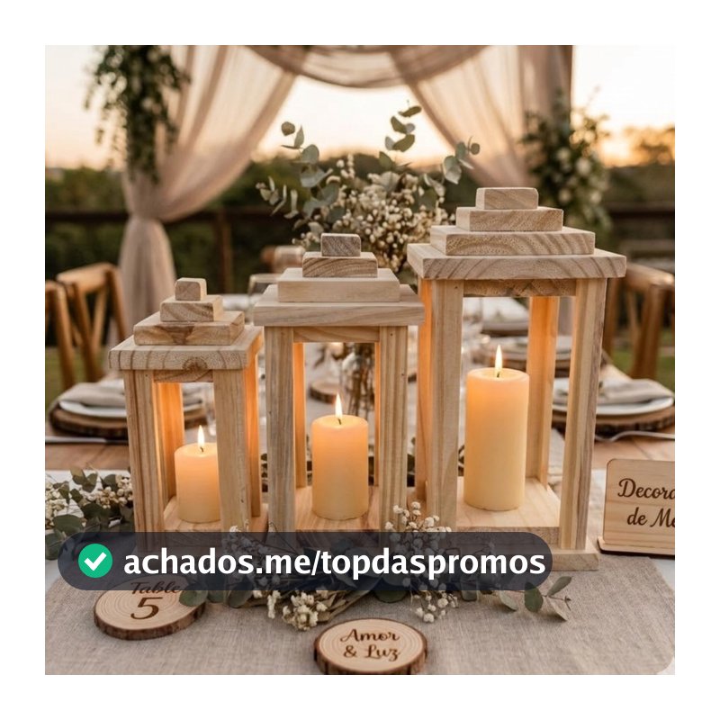 Lanternas Decorativas Madeira Pinus Rústica Kit 3  Luminária de Chão para Casamento, Decoração e Eventos