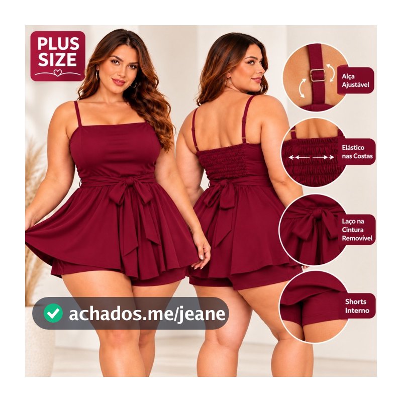 Macaquinho Vestido Plus Size Feminino com Bojo Alça Regulável Laço na Cintura Shorts Interno Elegante