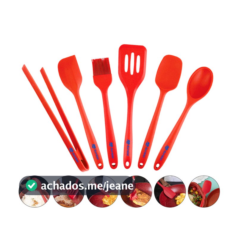 Kit Conjunto Utensílios Cozinha Silicone Resistente 6 Peças Colher Espátula Pegador Vermelho Duralar