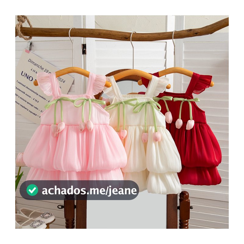 Verão Novo Doce E Bonito Tulipa Decoração Vestido De Menina , Roupas Infantis Sem Mangas Macias Confortáveis (9 Meses-3