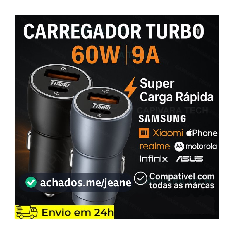 Carregador Veicular turbo 60W TIPO C + USB 9A Carga rápida Universal
