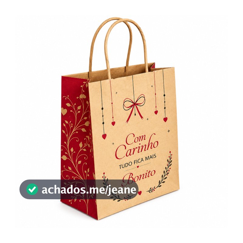 Sacola Kraft Estampada Com Carinho Tudo Fica Mais Bonito – Embalagem Presente, 10 ou 50 Unidades