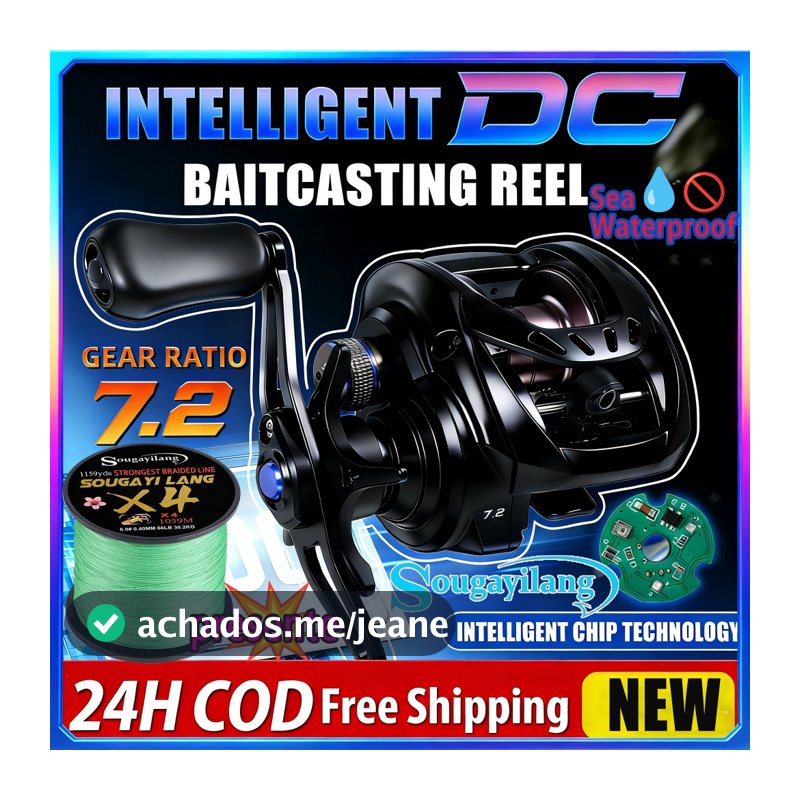 Sougayilang 🎣🚀 Carretilha Pesca DC Inteligente 7.2:1 Alta Velocidade 4+1 Rolamentos Freio Eletrônico Anti-Rebote Linha🧵