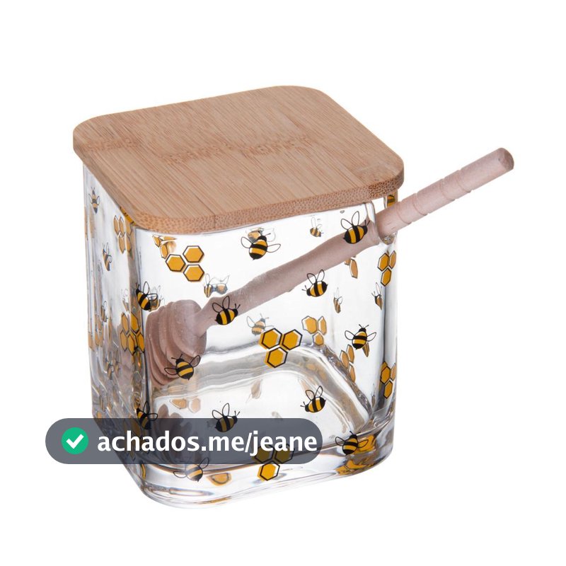 Meleira de Vidro 9,5cm Bee Lyor com Tampa e Pegador de Bambu para Servir Mel