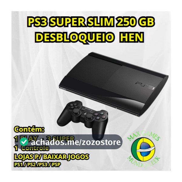 PS3 PLAYSTATION 3 SUPER SLIM 250 GB SONY H E N - 1 CONTROLE NOVO