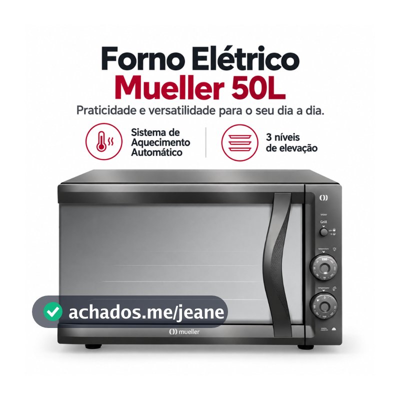 Forno Elétrico Mueller 50L Cinza Espelhado 900W Grill Timer Vidro Duplo e Controle de Temp