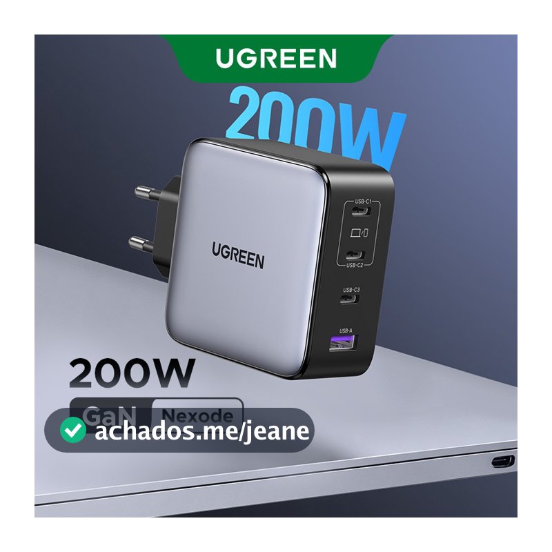 Carregador UGREEN 200W USB C Nexode Plug 4 Portas GaN Type Adaptador De Energia De Parede Rápida Suporte PD 140W Compatí