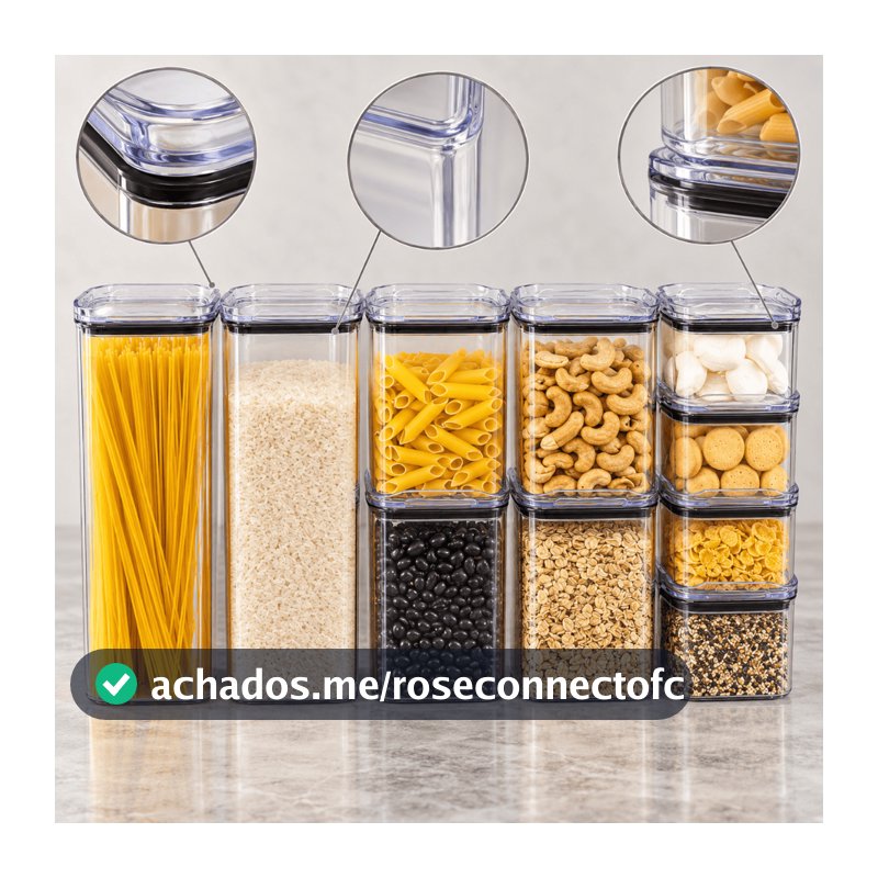 Kit 10 Potes Herméticos Organizadores Empilháveis de Acrílico Transparente Porta Mantimentos Cozinha Arroz Cereais Doces