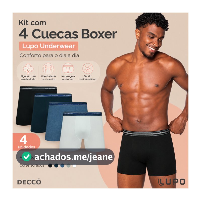 Kit De 4 Cuecas Originais Lupo Boxer Box Básica Em Algodão Cotton Com Elastano