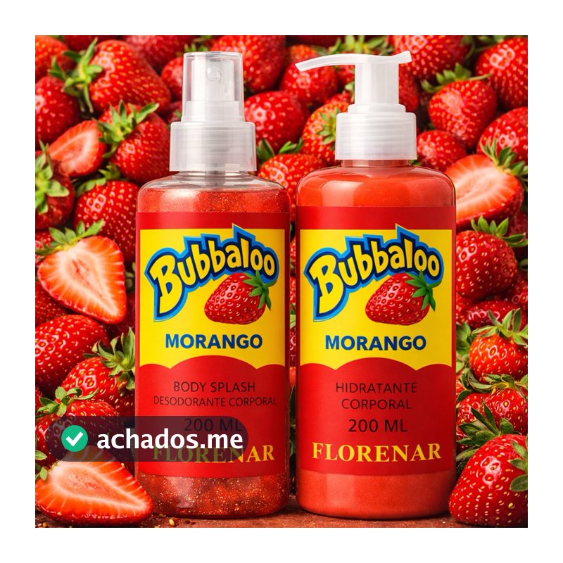 1 Kit Body Splash Bubbaloo com gliter 200Ml + 1 Hidratante 200ML Bubbaloo Morango, Uva, Banana, Mela