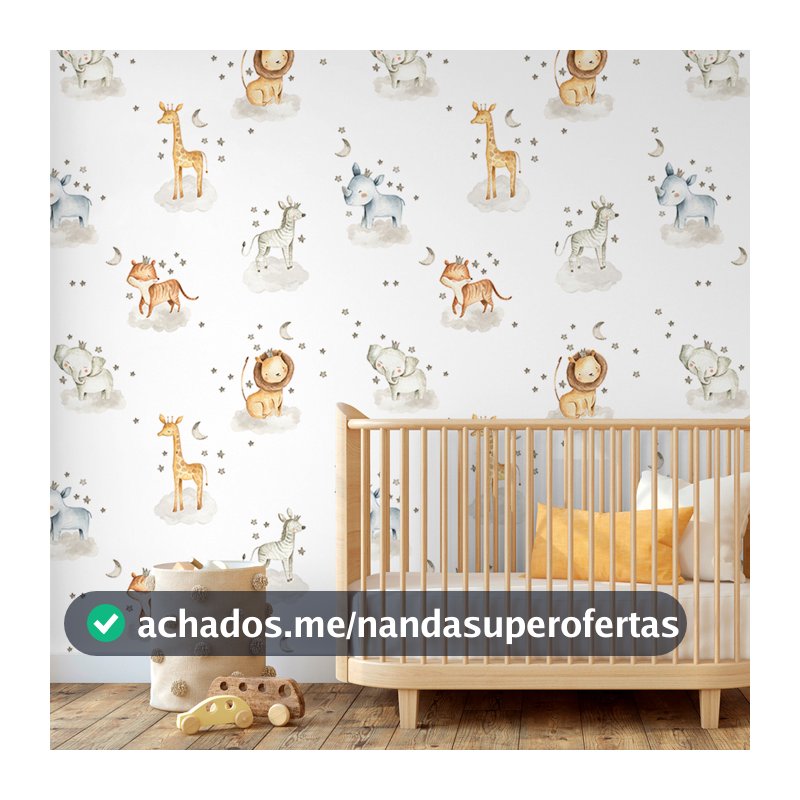 Papel de Parede Infantil Safari Aquarela Animais na Nuvem Quarto de Bebê Auto Adesivo Decorativo Leão Girafa e Elefante
