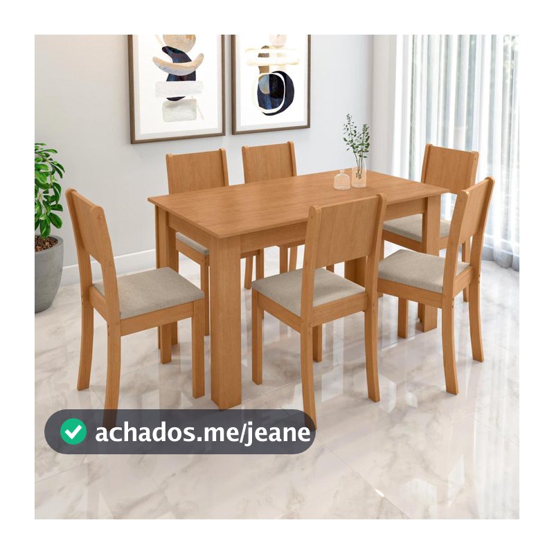 Conjunto Sala de Jantar Mesa Easy Line com 6 Cadeiras Linho Amêndoa