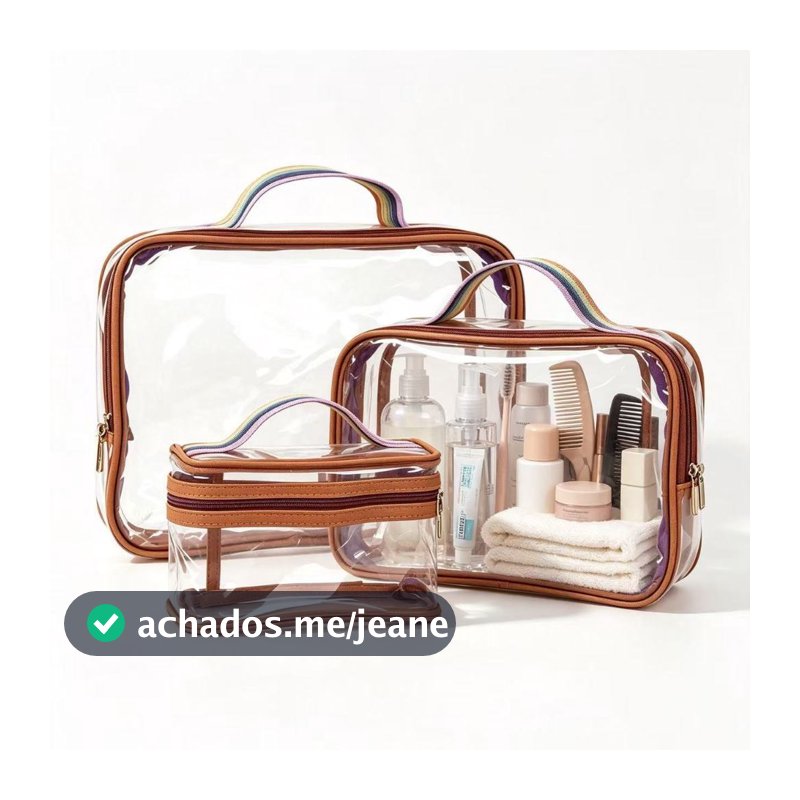 Bolsa Organizadora Transparente 3 Peças, PVC Resistente Espesso, Alça de Faixa Colorida, Necessaire para Viagem