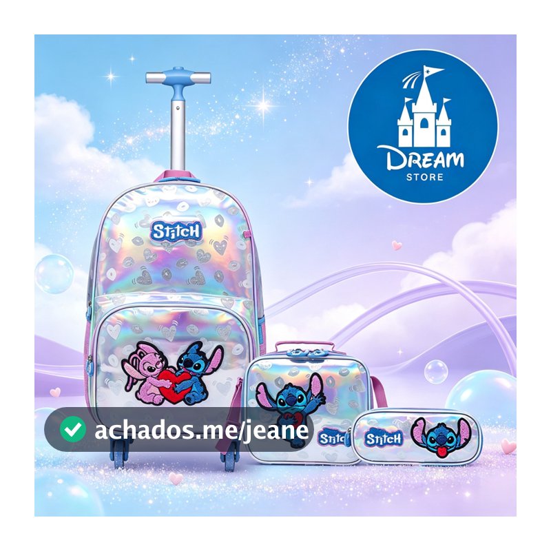 Kit Mochila Rodinhas Stitch Disney Escolar Feminina Lancheira Estojo