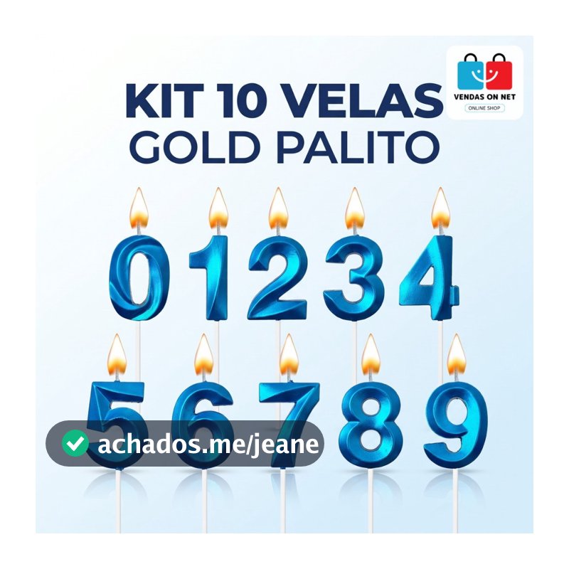 Kit 10 Velas Número Gold Palito Metalizada 0 ao 9 Vela Aniversário Bolo Revenda Atacado Festejar
