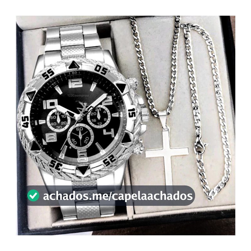 Kit Relógio Masculino Aço Inox Resistente a Água Com Corrente Cruz e Pulseira Presente Dia Dos Pais