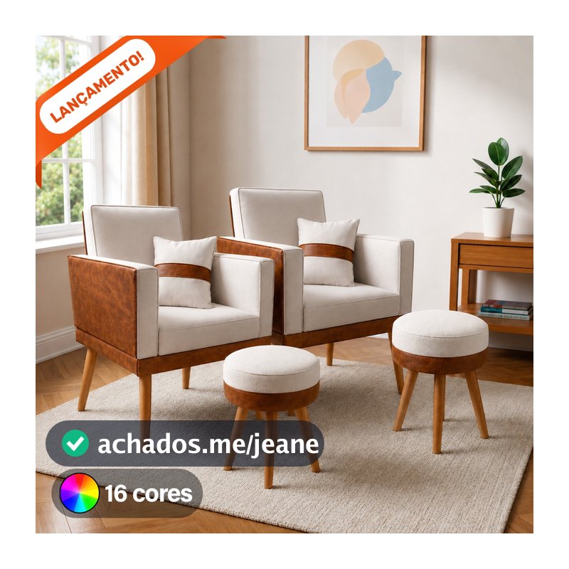 Kit 2 Poltrona Para Sala Decorativa Lis Almofada 2 Puff Redondo Corino Suede