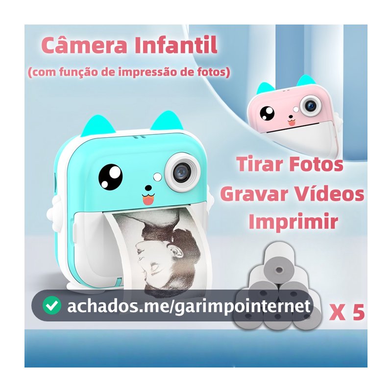 Câmera Infantil com Impressão Imediata Vídeo Fotografia Digital, Brinquedo e Mini Impressora Térmica