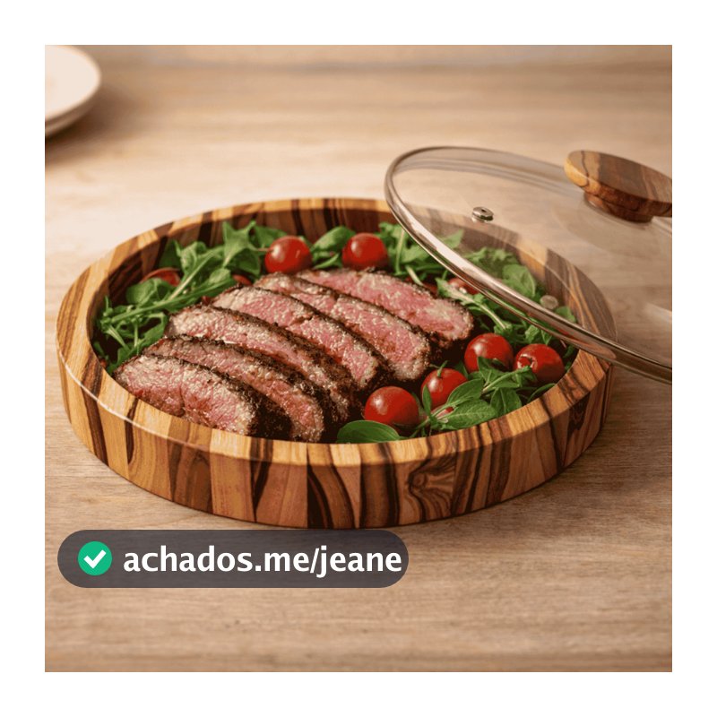 Gamela Madeira Redonda 31Cm Churrasco Saladeira Tampa Vidro
