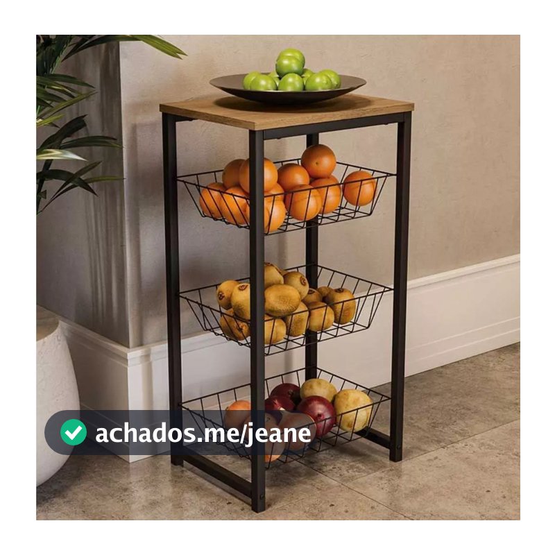 Fruteira De Chão Para Cozinha Preto Fosco Em Aço Carbono Tampo MDF Amadeirado