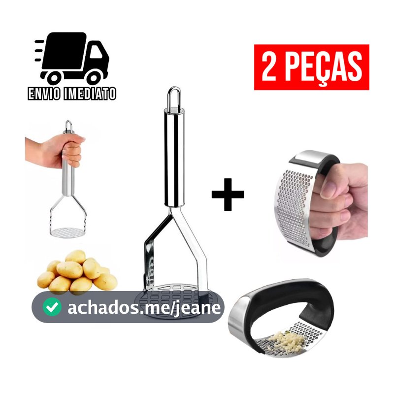 Conjunto Espremedor Triturador De Alho e Amassador de Batatas Inox Manual Utensílios para Cozinha